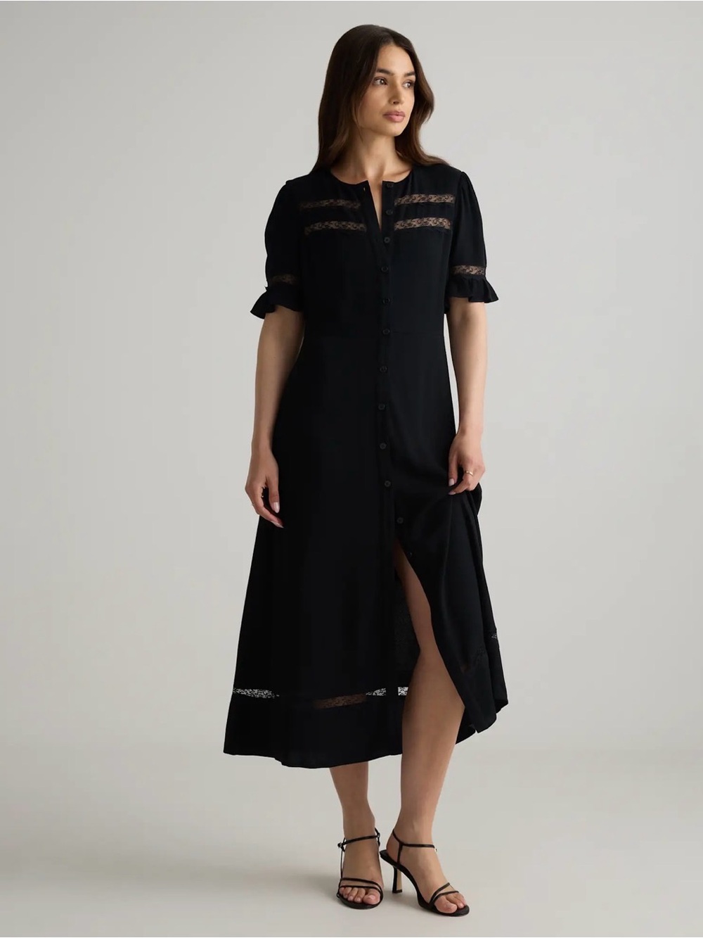 Quince Lightweight Crepe Lace Inset Midi Dress Black Extra Large